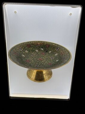 Decorative Brass Pedestal Bowl with Floral Enamel Interior - Green & Gold